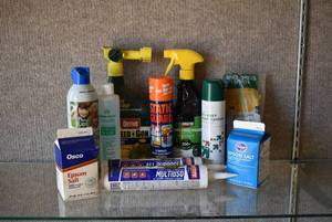 lot 1196 image: Assorted Household Items  Epsom Salt, Flower Magic Water, Insect Repellent, Caulking, and Weed Killer  LOCAL PICKUP ONLY
