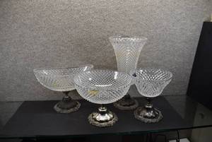 lot 1201 image: Lot of 4 International Silver Company Diamond Point Lead Crystal Compotes, Candy Dishes, Vase  Silver Plate Bases