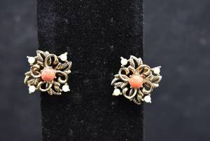 lot 1047 image: Pair of Gold Tone Clip On Earrings  Coral and Seed Pearl  78
