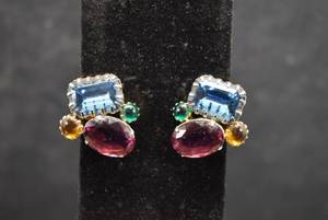 lot 1049 image: Colorful Stone Cluster Clip On Earrings  Pink, Yellow, Green and Purple Stones  1 14
