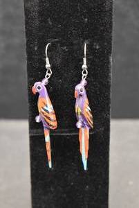 lot 1051 image: Pair Wooden Parrot Dangle Earrings  Red and Purple  2 14 Long
