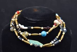 lot 1061 image: Double Strand Trade Style Necklace  Multi Color Brass, Stone, and Glass Beads  13 12