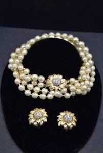lot 1062 image: Vintage Set Double Strand Necklace and Earrings  Marvella  Faux Pearl and Rhinestone  Necklace 12 Long, Earrings 1 14