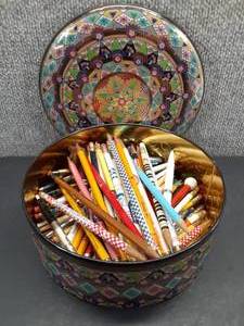 lot 7002 image: Tin Full of Advertising Pencils and Pens