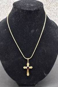 lot 1115 image: Gold Toned Cross Necklace  Gold tone & Red Stone