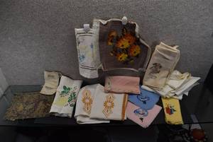 lot 1125 image: Flat of Tea Towels, and Embroidered Fabrics