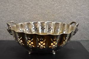 lot 2027 image: Metal Bowl Stand With Goat Head Handles  14 W  LOCAL PICKUP ONLY
