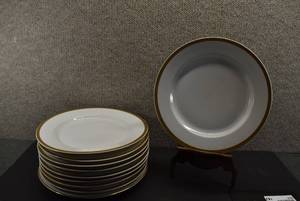 lot 2030 image: Lot of 11 Dinner Plates  White & Gold Trimmed  10 W  LOCAL PICKUP ONLY