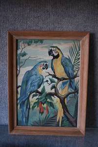 lot 8025 image: Vintage Paint By Numbers Acrylic Painting  Parrots  16x12
