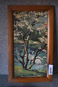 lot 8022 image: Vintage Paint By Numbers Acrylic Painting  Swans on Stream  19x11