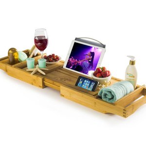 lot 2945 image: Luxury Bamboo Bathtub Caddy Tray, Expandable Sides Bath Caddy Tray (Book, Wine, Glass, Cell Phone Holder)