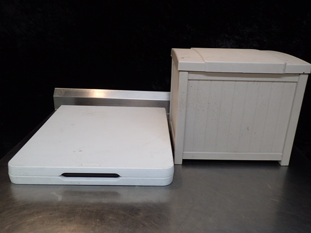 lot 9194 image: Plastic Lifetime Fold-Out Mobile Table and Plastic Storage Bin