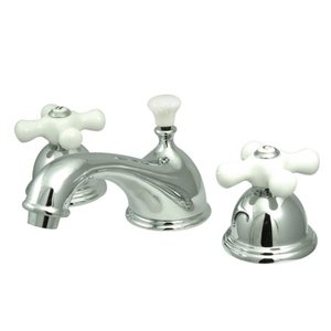 lot 7968 image: Restoration Porcelain Handles Chrome Widespread Bathroom Faucet- Retail$168.99