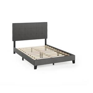 lot 8045 image: Furinno Laval Button Tufted Bed Frame, 12PC Slat Style, Stone, Full - Retail$179.00