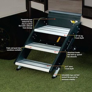 lot 8077 image: Lippert Components 791575 - SolidStep Premium 30W x 8.5D x 8R Steel With Aluminum Treads Black 4 Entry Steps - Retail $765.12