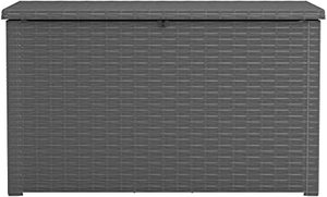 lot 8032 image: Keter Java Xxl 230 Gallon Resin Rattan Look Large Outdoor Storage Deck Box, Grey