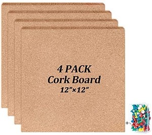lot 4487 image: Cork Board Tiles 12x12 - 12 Thick Bulletin Board Mini Wall with Push Pins,Strong Self Adhesive Backing - 4 Pack
