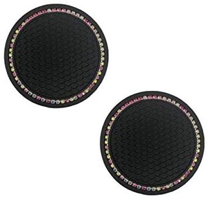 lot 4497 image: Bling Car Cup Mat 2 Pack, 2.75 Inch Cute Sparkle Diamond Automotive Cup Holder Insert, Stylish Car Coasters for Cup Holders (black and green
