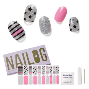 lot 4499 image: NAILOG Semi Cured Gel Nail Strips (A Rock Song), 20 pieces of Ultra Glossy, Long-Lasting Gel Nail StickersWraps, PinkBlackSilver Glitter