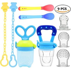 lot 4502 image: UNIBETTER BABY FOOD FEEDER PACIFIER 2 PCS PACIFIER CLIPS 2 PCS BABY FEEDING SPOONS 3 PCS REPLACEMENT SILICONE POUCHES BABY FRUIT TEETHING TOYS FOR TODDLERS INFANT BABY SHOWER GIFT (BLUE SET