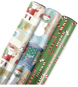 lot 4594 image: Hallmark Reversible Christmas Wrapping Paper (3 Rolls 120 sq. ft. ttl) Rustic Santa, Papercraft Snowmen, Candy Canes, Stripes, Snowflakes, Merry Christmas to You