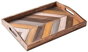 lot 4601 image: MyGift Rustic Chevron Rectangular Wood Breakfast Serving Tray with Cutout Handles - 16 x 12-Inch