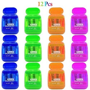 lot 4676 image: 12 PCS Double Holes Manual Pencil Sharpener-Handheld Plastic Crayon Sharpener with Lid for School, Office and Home Supplies varies slightly from stock photo