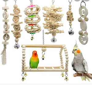 lot 4690 image: Small Bird Swing Toys, 8 Pieces Parrots Chewing Natural Wood and Rope Bungee Bird Toy for Anchovies, Parakeets, Cockatiel, Conure, Mynah, Macow and Other Small Birds