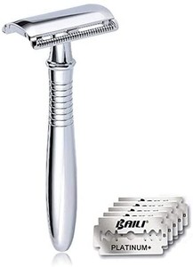 lot 4693 image: BAILI Classic 3-Piece Metal Double Edge Eco Safety Razor Long Handle Wet Shaving Kit for Men Women with 5 Platinum Blades BD191