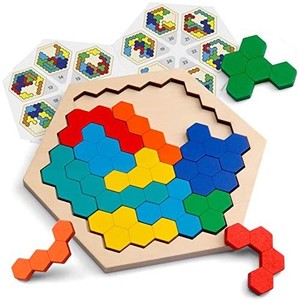 lot 4722 image: Wooden Hexagon Puzzle for Kid Adults - Shape Pattern Block Tangram Brain Teaser Toy Geometry Logic IQ Game STEM Montessori Educational Gift for All Ages Challenge
