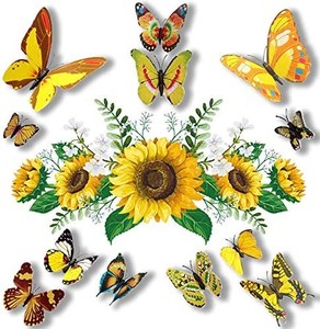 lot 7475 image: ND Sunflowers Wall Decal Stickers with 12 PCS 3D Colorful Butterfly Wall Stickers for Nursery Bedroom Bathoom Kitchen, Removable Yellow Flower Mural DIY Wall Art Decor Home Decorations