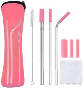 lot 7610 image: Stainless Steel Straws with Silicone Tips, Reusable Metal Straws with Cleaning Brush and Carry Bag 4 pack