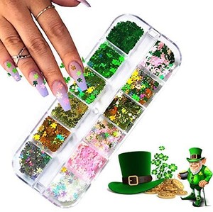 lot 7630 image: 12 Colors St. Patricks Day Nail Art Glitters Clover Flakes Nail Sequins 3D Shamrocks Nail Art Stickers Holographic Laser Clover Decals Acrylic Nails Design Shine Lucky Charm Nail Art Decorations great fall colors