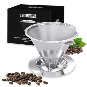 lot 4748 image: Cafellissimo Pour Over Coffee Dripper - Manual Reusable Stainless Steel Cone Filter, 1-2 Cup Paperless Single Drip Brew Coffee Strainer with Double Mesh Liner