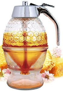 lot 4753 image: Honey Dispenser No Drip Glass - Maple Syrup Dispenser plastic - Beautiful Honey Comb Shaped Honey Pot - Honey Jar with Stand, Great Bee Decor