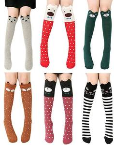 lot 7648 image: 6 Pack Girls Socks, Cotton Over Calf Knee High Socks (Cartoon Animal Panda Cat Bear Fox