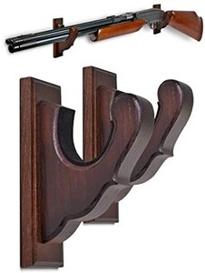 lot 7690 image: TESLYAR Gun Rack Wall Mount Hold Up Displays Horizontal Gun Rack and Shotgun Hooks Store Rifle Shotgun Bow Real Hardwood Hanger Brown