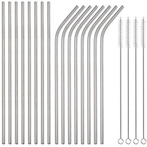 lot 7695 image: Metal Straws 24Pack,8.5Stainless Steel Straws In Bulk 215x6mm Straight Bent Curved Drinking Straws for 20oz Tumblers Yeti Mugs (12 Straight12 Bent4 Brushes Free) (Silver Color-24Pack