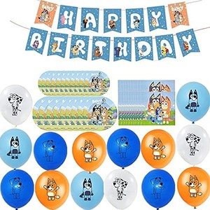 lot 7700 image: Bluey Themed Birthday Party Decorations Set, 87 pcs Party Supplies,Includes Bluey Happy Birthday Banner,Hanging Swirls, Balloons, Spoons, Forks, Knives, Plates, Toppers for Baby Shower Boys Girls Theme Party bonus this is 161 pcs items may vary see pics