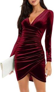 lot 7712 image: Womens Sexy Deep V Neck Long Sleeve Hide Tummy Velvet Bodycon Ruched Mini Party Cocktail Dress Size L see pics for design