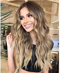 lot 7734 image: Long Wavy Ombre Blonde Wig for Women Synthetic Ash Blonde Wig Wave Middle Part Natural Hair Heat Resistant Wigs for Daily Party Use 24 Inch with bangs