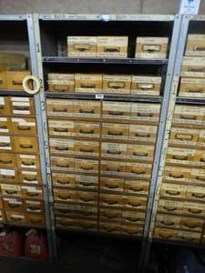 lot 1029 image: 7ft Tall Metal Shelf with wood Drawers  Bolted Together - Bring tools to Separate