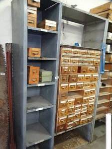 lot 1040 image: 7ft Tall Metal Shelf with wood Drawers
