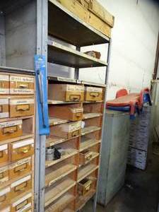 lot 1041 image: 7ft Tall Metal Shelf with wood Drawers