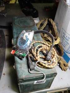 lot 1142 image: Green Metal Tool Box and Contents  Cord and Rope