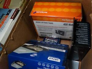 lot 1547 image: Computer Power Supply  CD Player  Wire and Misc Books