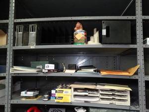 lot 1643 image: Misc. office supplies- stapler- paper- CD rack- turtle figurine- pen holder