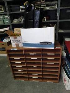 lot 1652 image: Wooden paper organizer mailboxes- desk organizers- hanging file tabs