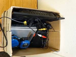 lot 1728 image: Box of Electronics  2 Way Radios  DVD Player  Router  Etc