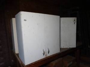 lot 1855 image: Vintage White Metal Kitchen Cabinets Lot of 4